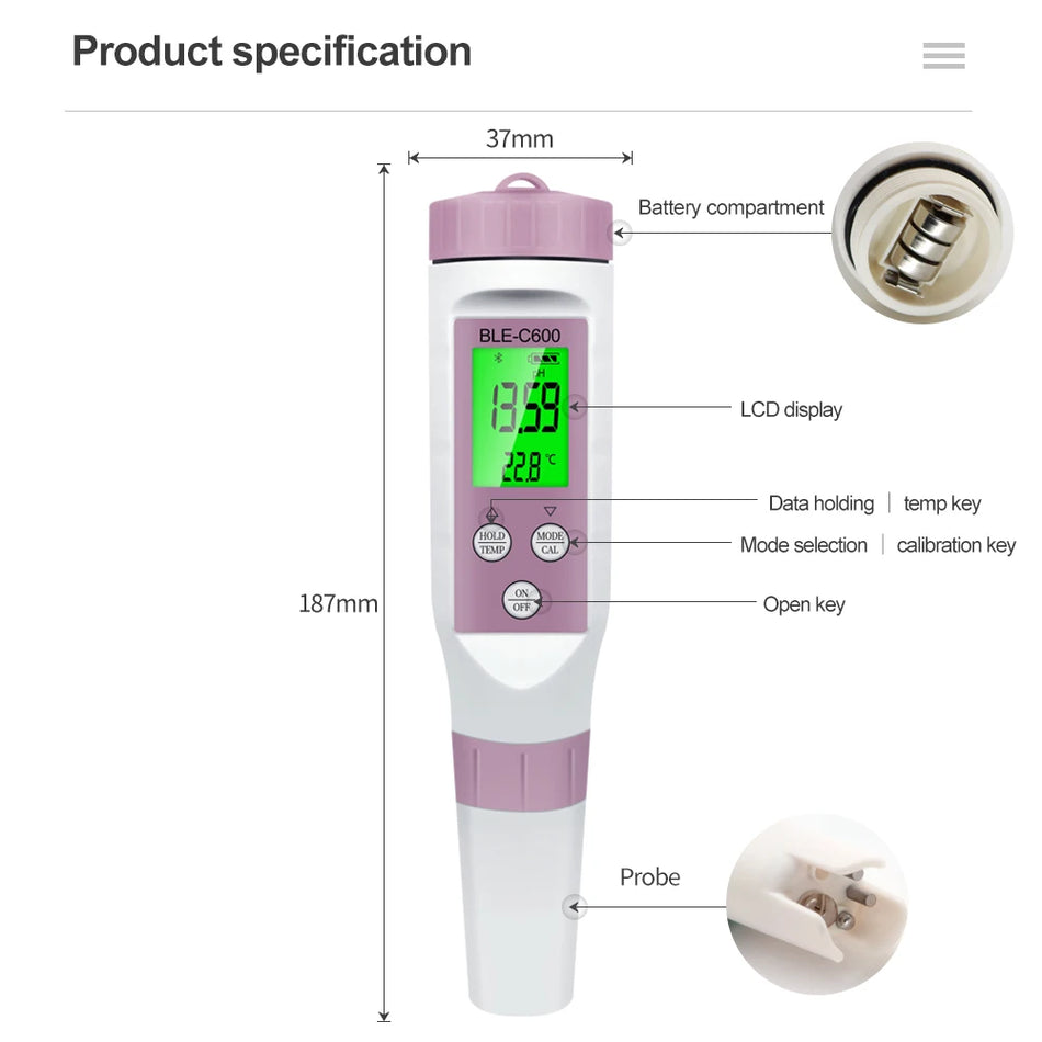 BLE-C600 &ndash; Bluetooth 7 In 1 Water Tester With App Control