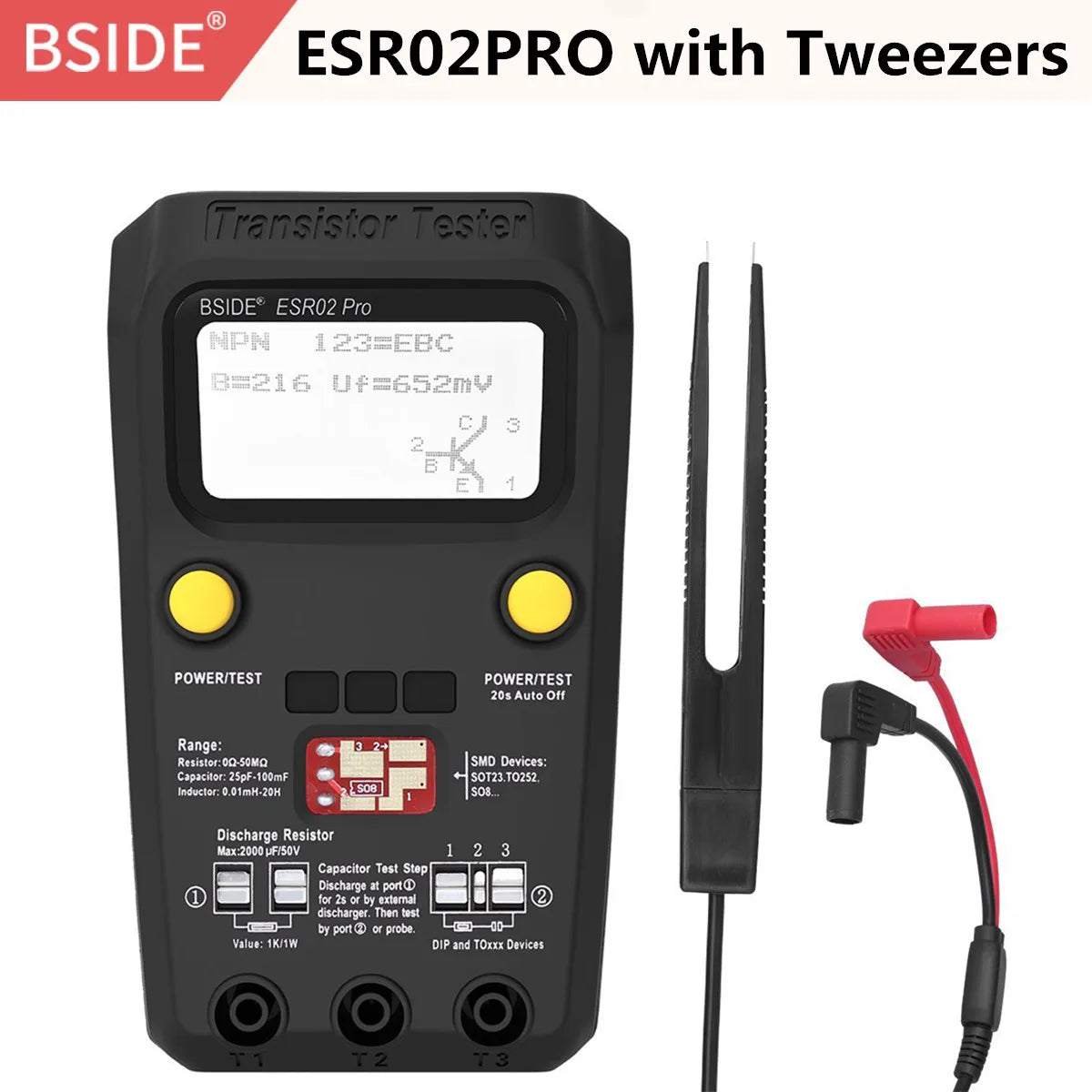 BSIDE ESR02PRO Transistor Tester SMD &ndash; Capacitance Testing ESR02PRO-BLACK-Twz / CHINA