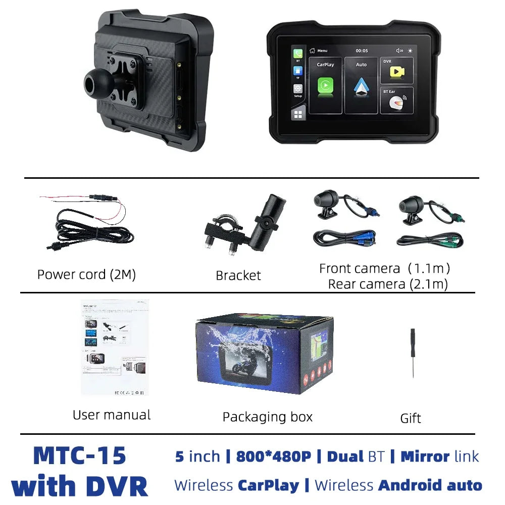 EKIY 5 Inch Portable Motorcycle Display &ndash; IPX7 Waterproof Wireless CarPlay and Android Auto MTC-15-DVR