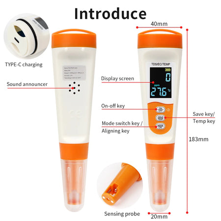 3 In 1 Water Quality Tester EC TDS Pen &ndash; Type C Charging