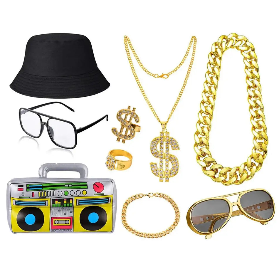 80s 90s Hip Hop Rapper Costume Set With Gold Chain Glasses