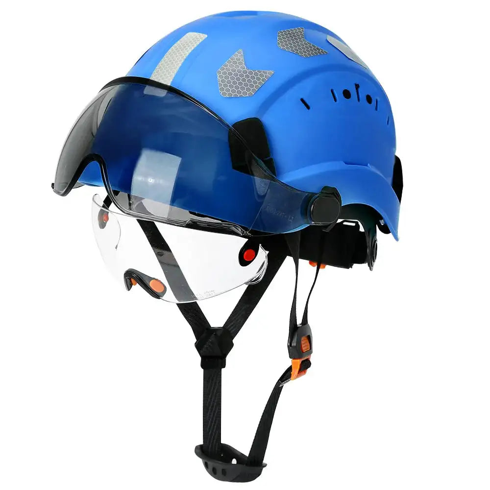 CE Construction Safety Helmet With Visor Goggles &ndash; Durable Blue with stickers