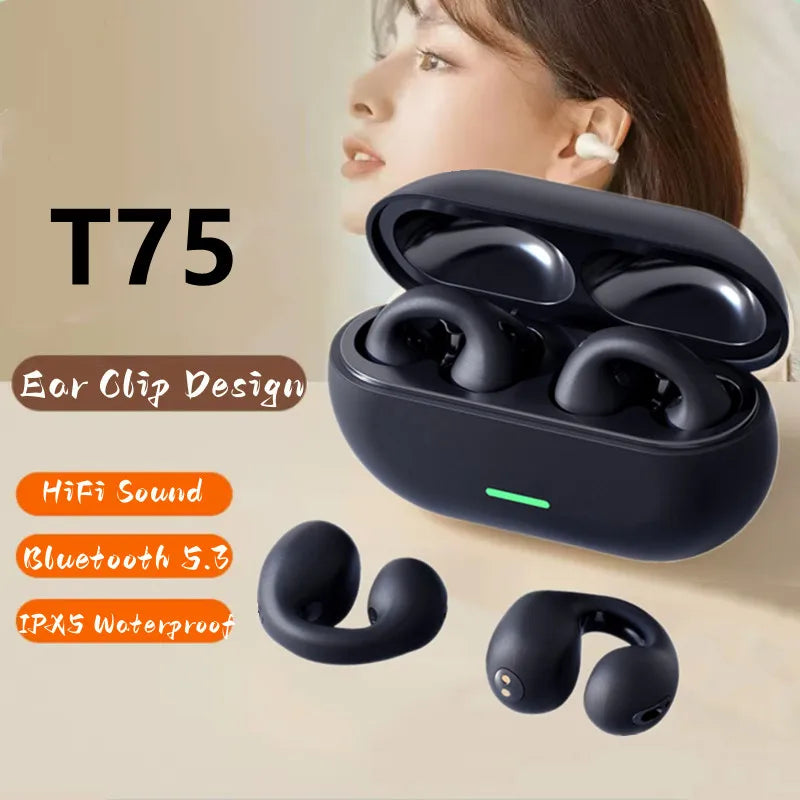 YENI Bluetooth 5.3 Kablosuz Kemik İletimli Kulaklık T75 Klip Kulak Müzik Gürültü Önleyici Kulaklık HD Çağrı Spor Oyun Kulaklık