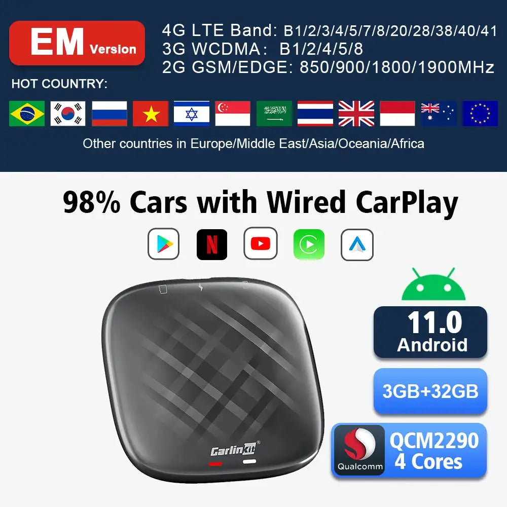 Carlinkit Wireless CarPlay Android Auto YouTube Box 4G 128G EM 11 32G 4 cores