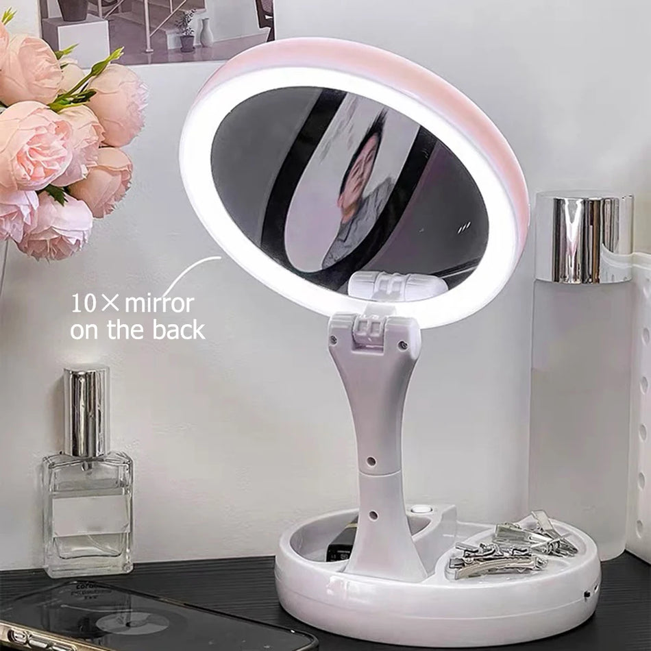 LED Katlanabilir Makyaj Aynası Işıklı 10X Büyütmeli Çift Amaçlı Çift Taraflı Ayna USB Şarjlı Veya Pille Çalışan