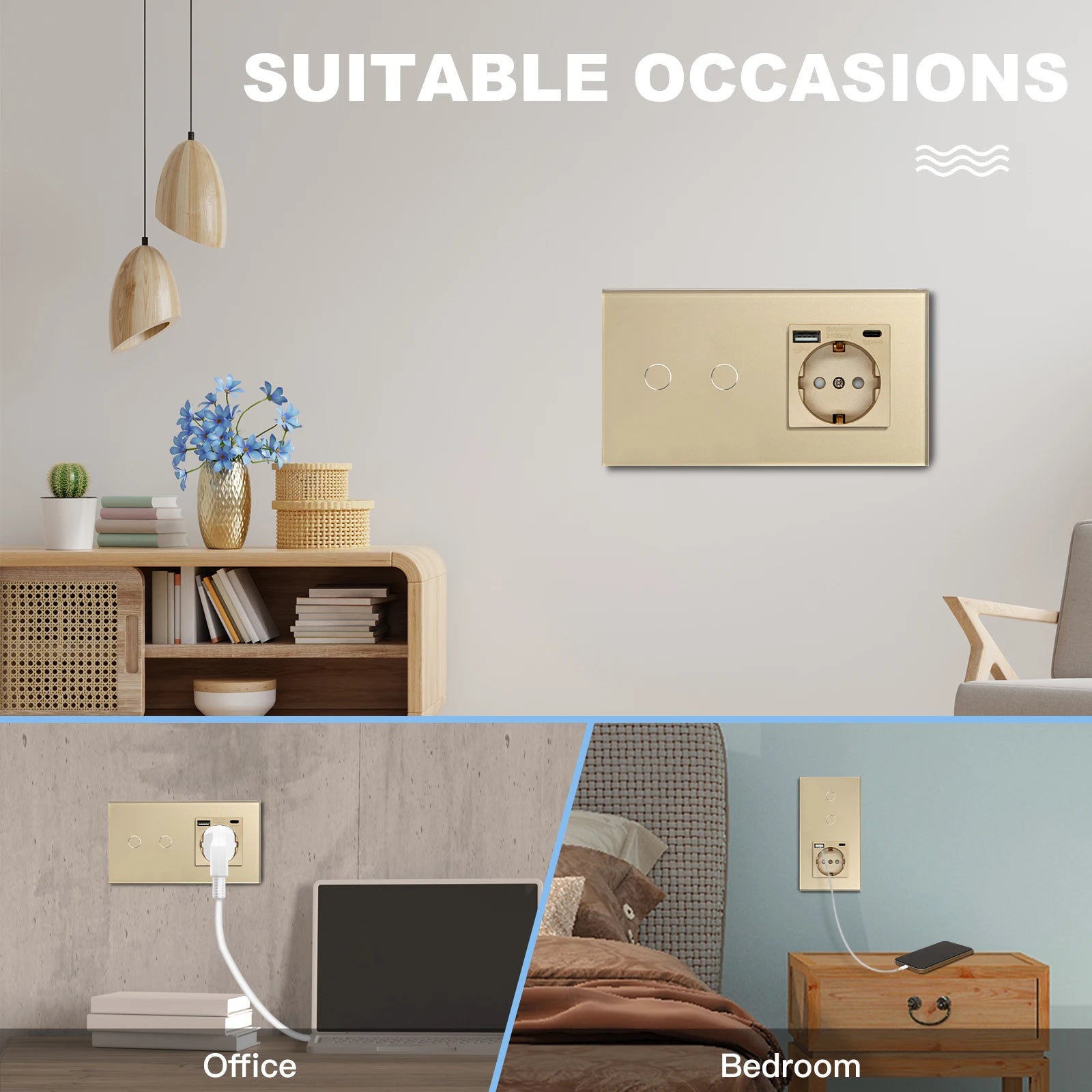 BSEED Touch Switch with USB Sockets and Glass Panel - EU Standard