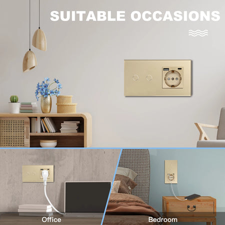 BSEED Touch Switch with USB Sockets and Glass Panel - EU Standard