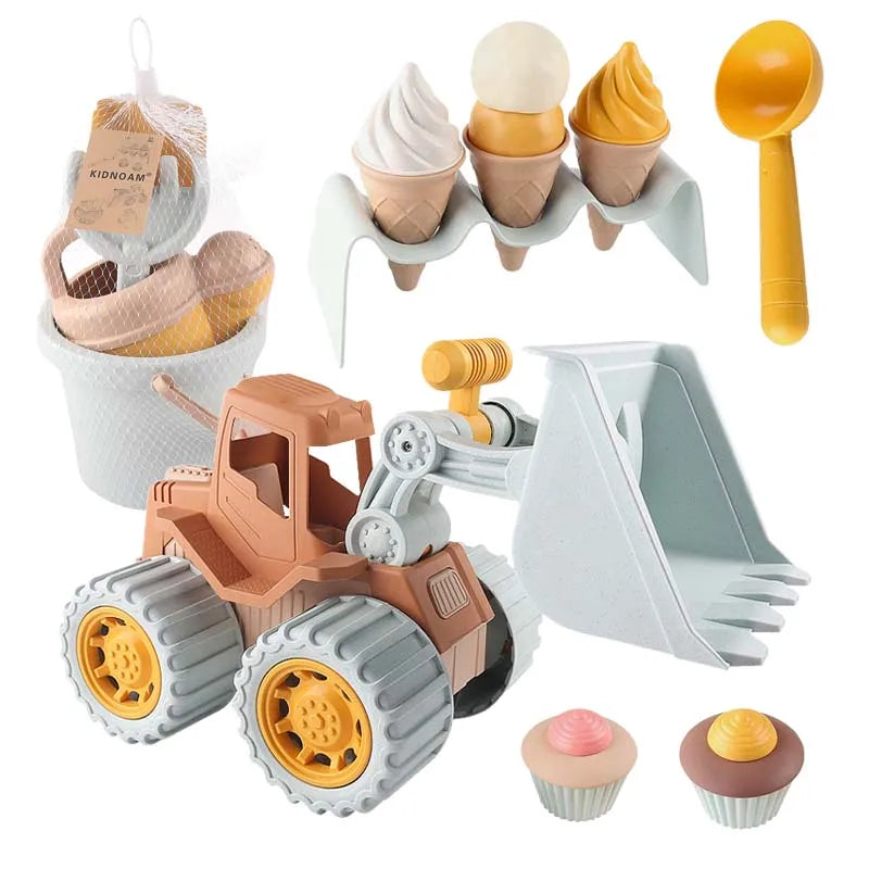 Children's Beach Sand Toys Set - Ice Cream, Cake Models &amp; Bulldozer Beach Bucket for Summer Seaside Play