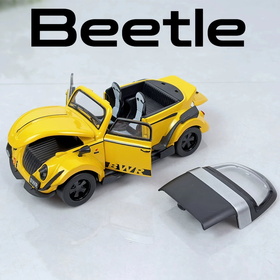 Model de mașină diecast Beetle Santana la scară 1:32, cu sunet și uși care se deschid.