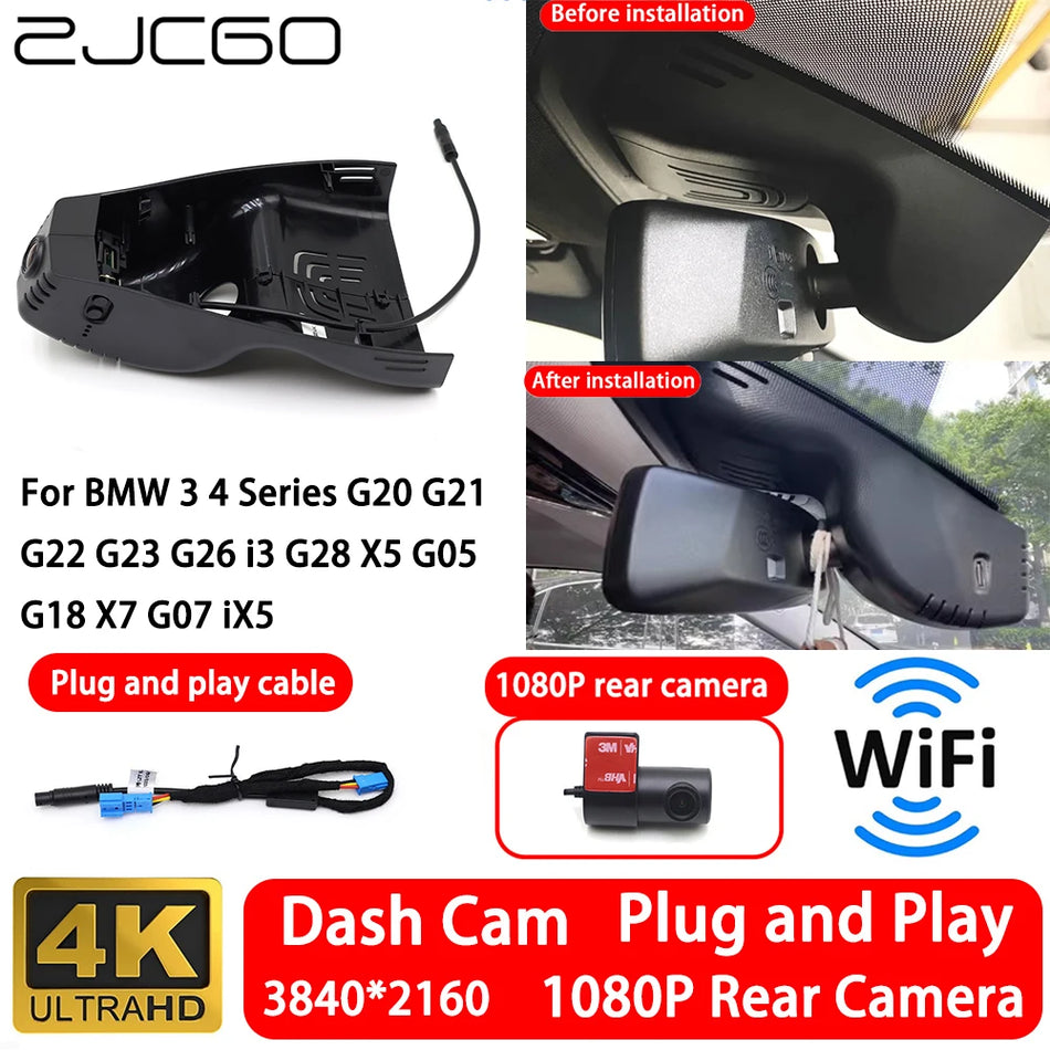 Câmara de Vigilância para BMW Série 3 4K Frontal e 1080p Traseira, Gravador WiFi Plug and Play, Campo de Visão de 170 Graus