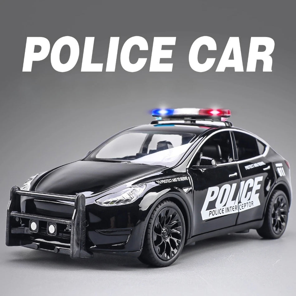 Modelo de coche de policía de metal a escala 1:24 con sonido y luz, puertas abatibles.
