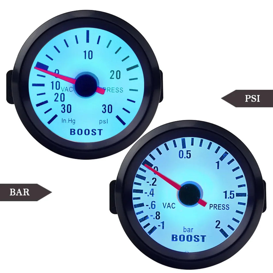 52mm Turbo Boost Matuoklis Automobiliams, 1-2 Bar, Vakumas 0-30 PSI, Mėlyna Šviesa