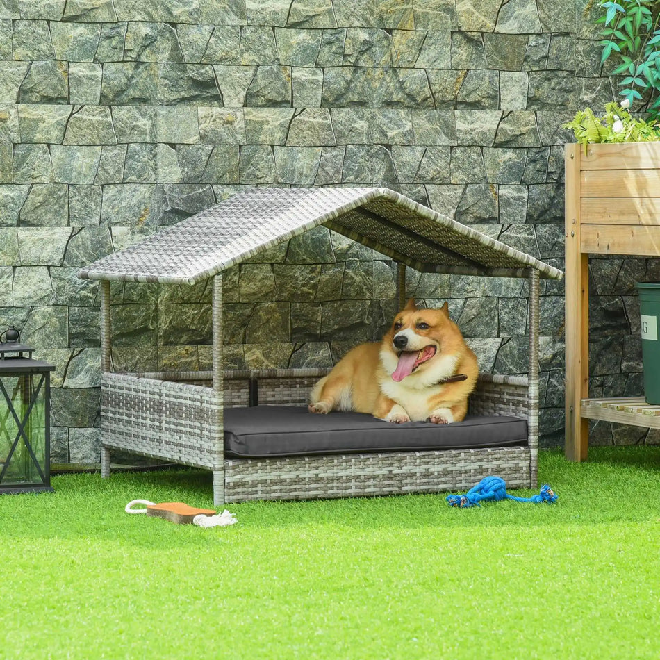 Rattan Dog House Cushion Outdoor Kennel Grey 69x98x70cm