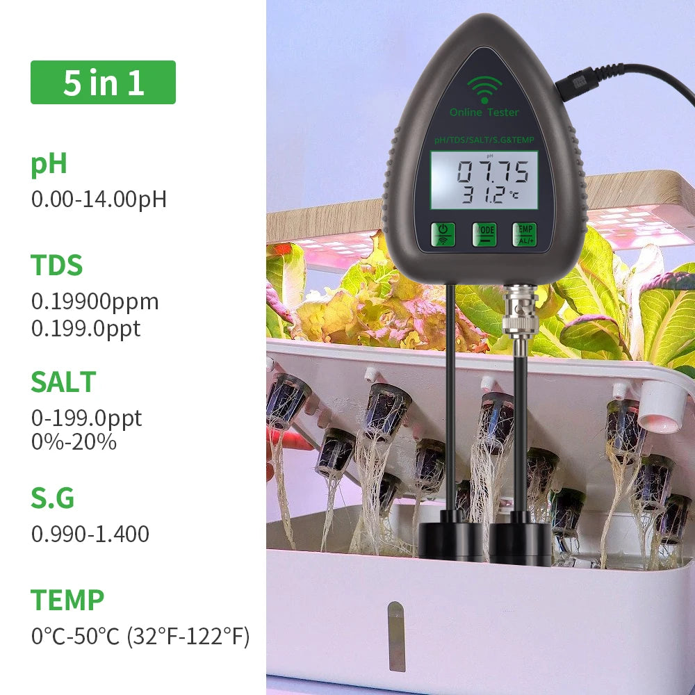 Tuya WiFi 5 In 1 TDS EC Salt SG Temp PH Meter &ndash; App Control PH TDS SALT S.G TEMP