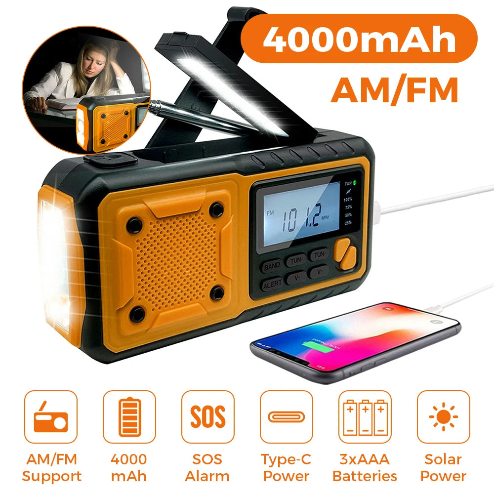 4000mAh Portable Emergency Solar Power Radio with Hand Crank and LED Flashlight Orange 4000mAh