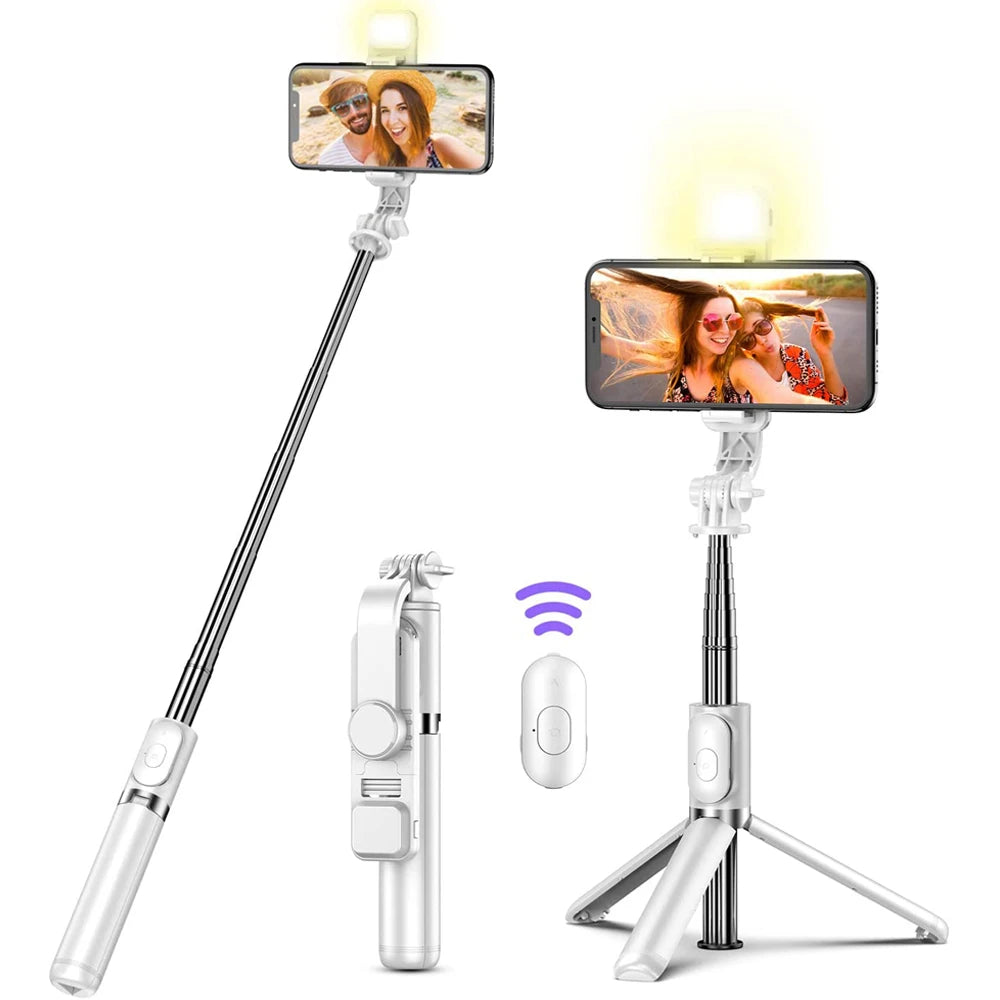 T-WOLF Wireless Bluetooth Selfie Stick Tripod with Fill Light &amp; Remote for Smartphones