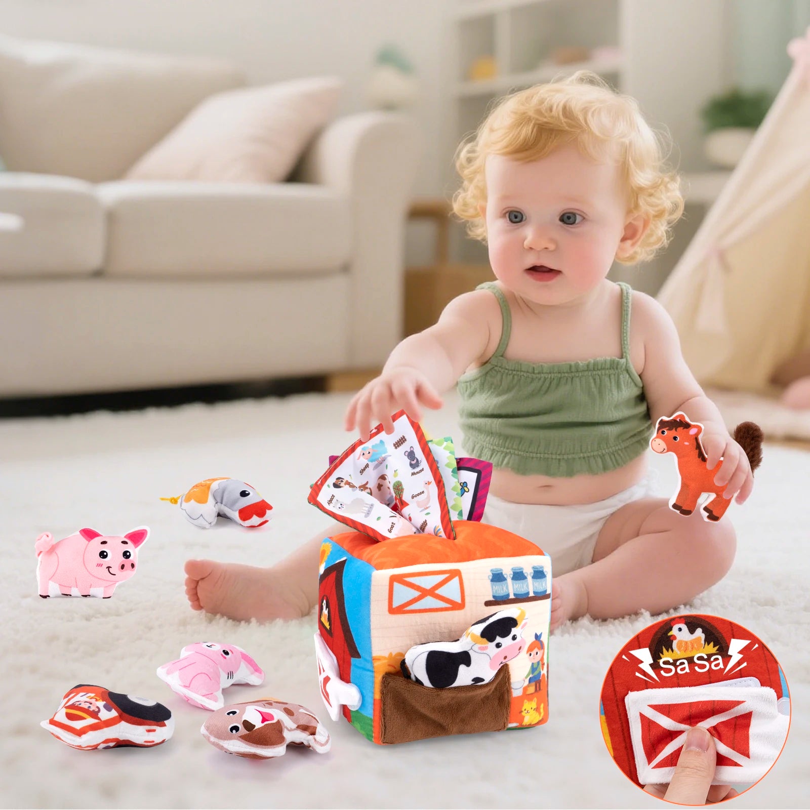 Coolplay Baby Soft Plush Animal Tissues Box &ndash; Sensory Cognition Toy for Toddlers