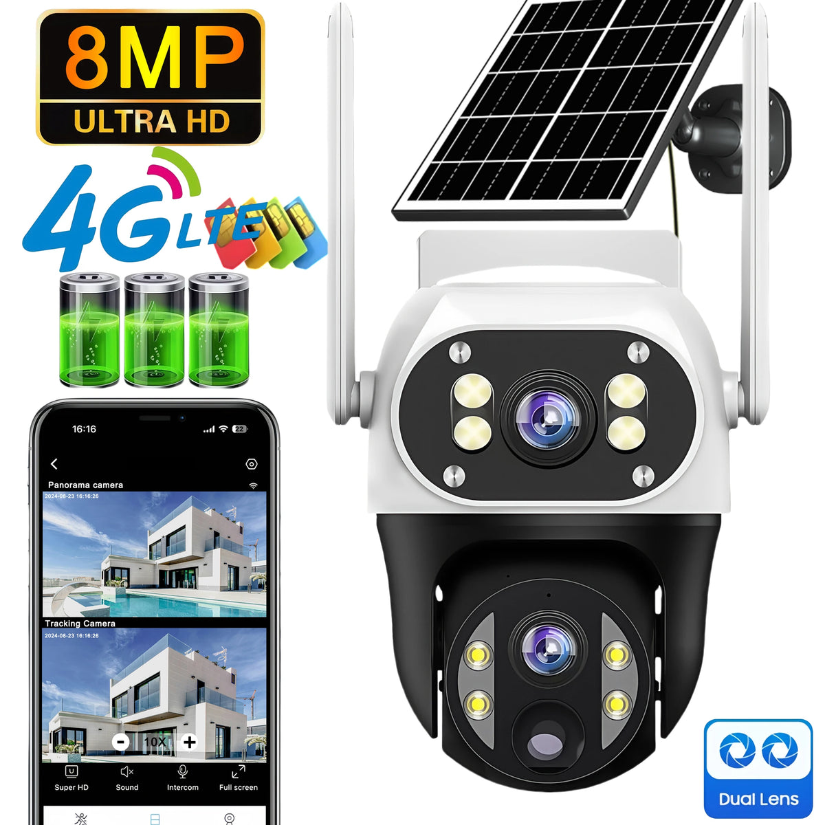 V380 8MP Dual Lens 4G IP Camera Solar PIR Human Detection Night Vision Waterproof Security Video Camara 4K Battery CCTV Monitor