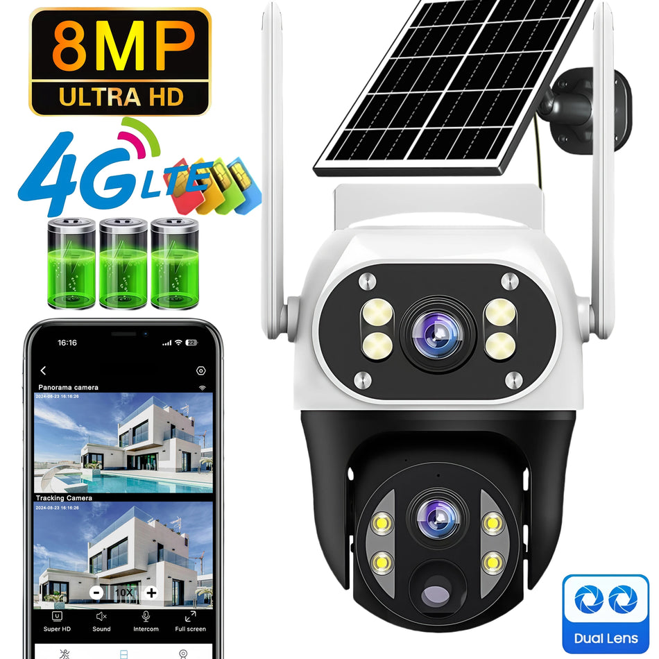 V380 8MP Dual Lens 4G IP Camera Solar PIR Human Detection Night Vision Waterproof Security Video Camara 4K Battery CCTV Monitor