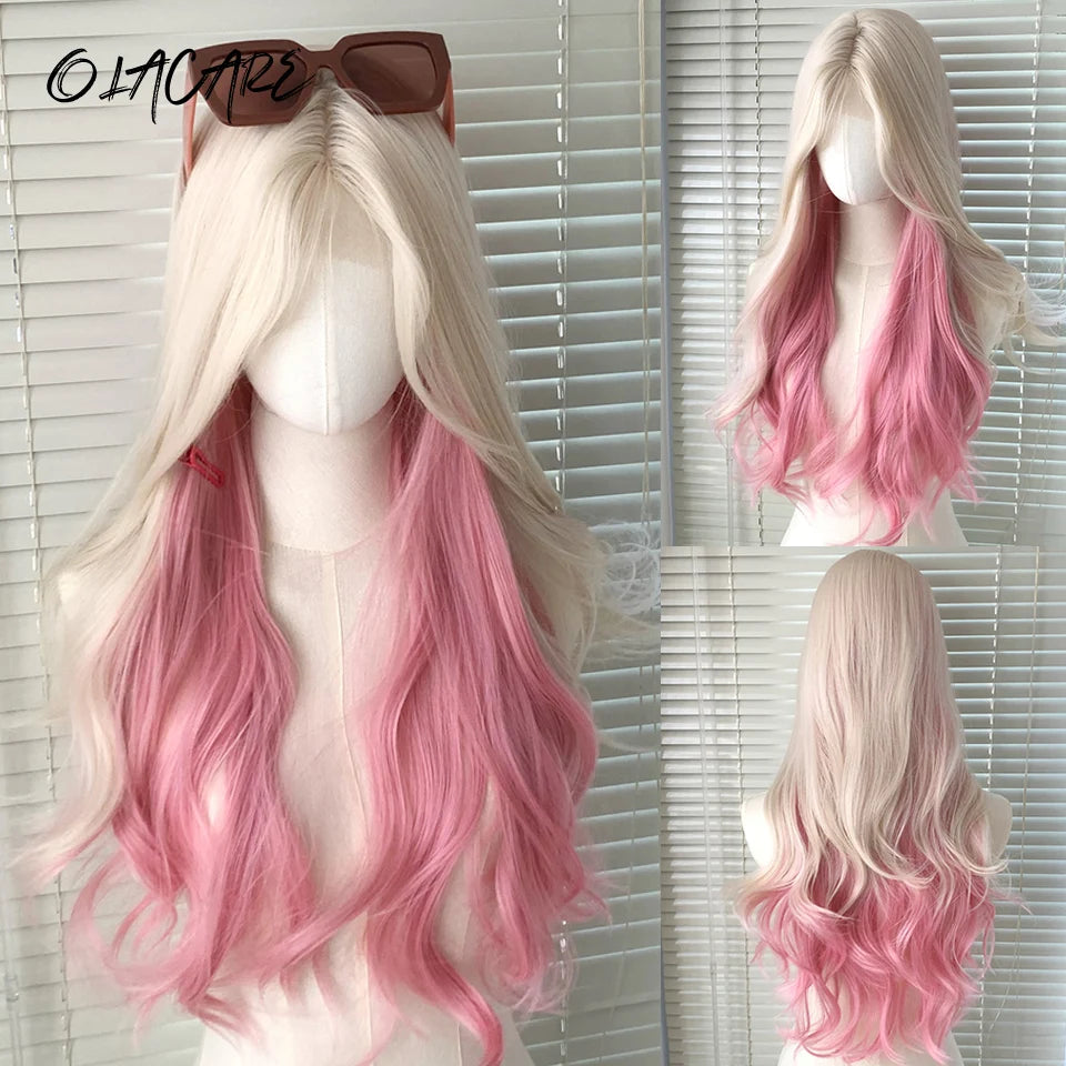 OLACARE Long Curly Wavy Pink Blonde Synthetic Wig with Fluffy Bangs