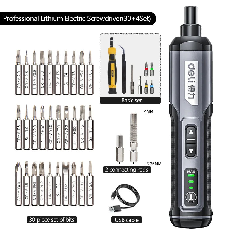 Cordless Electric Screwdriver with 2000mAh Battery - Deli 4V Power Tool Set 34set Style 3