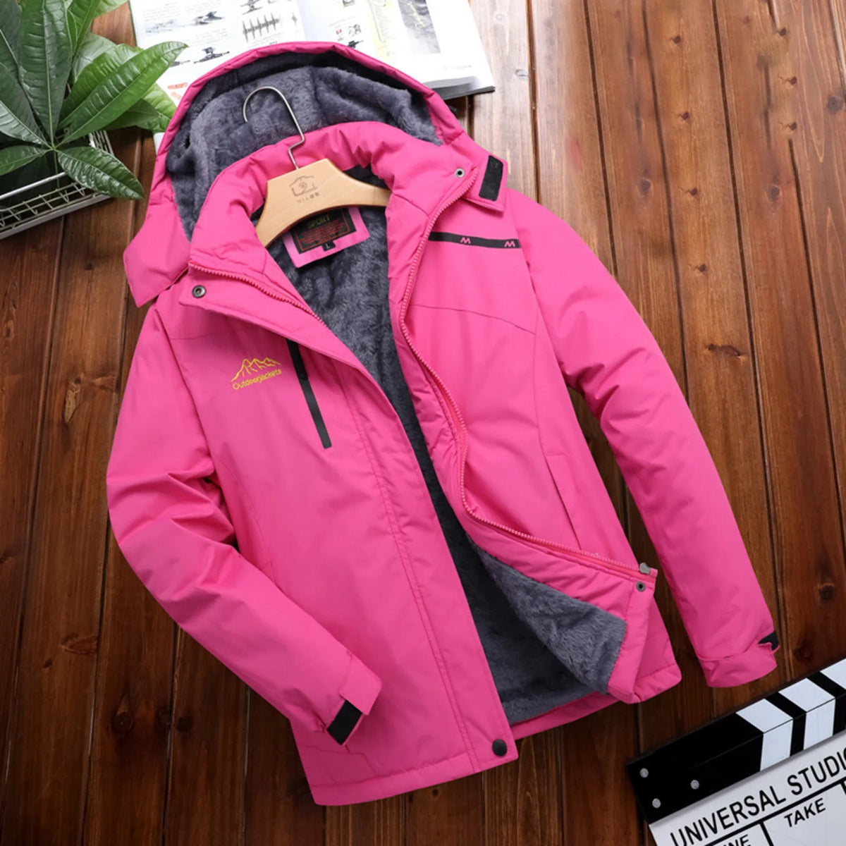 Women's Solid Colour Waterproof Windbreaker Jacket with Fleece Lining Hot Pink / XL / CN