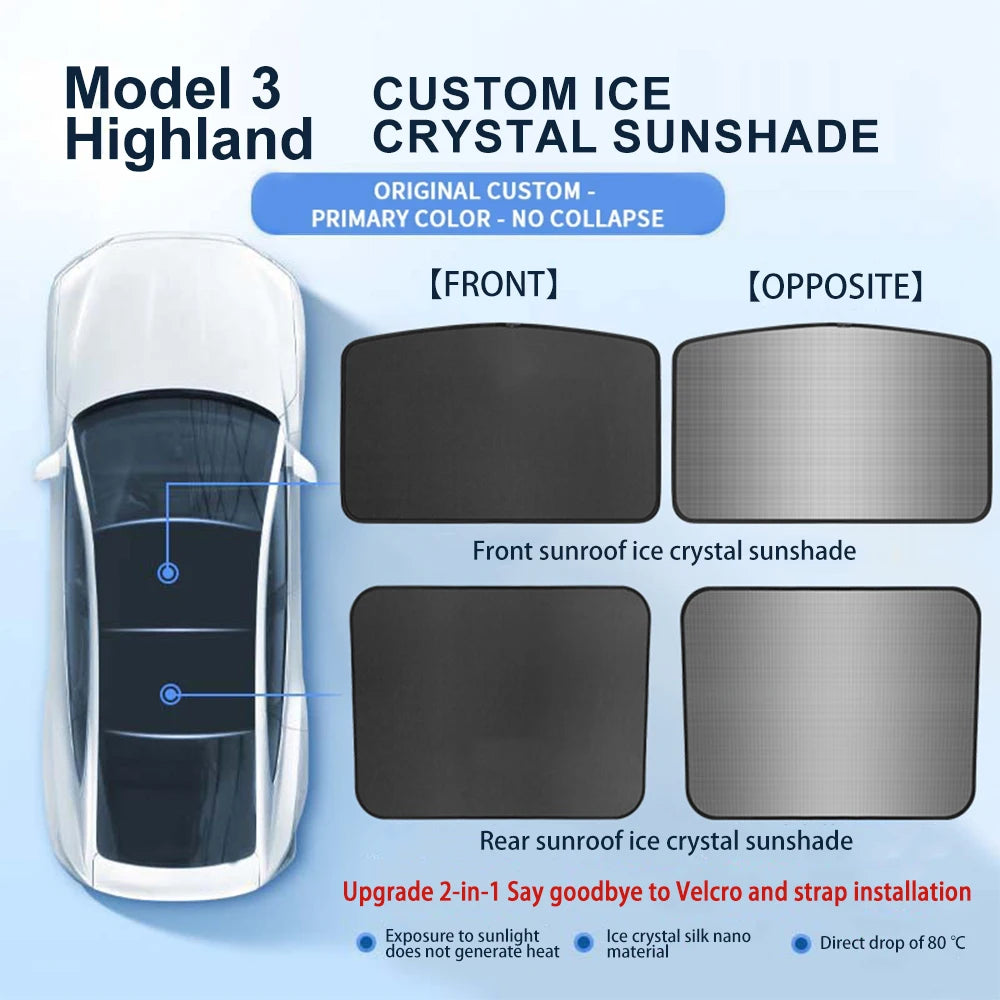 Tesla Model 3/Y Premium Ice Cloth Sunshade with Buckle for Glass Roof M3 Highland Black