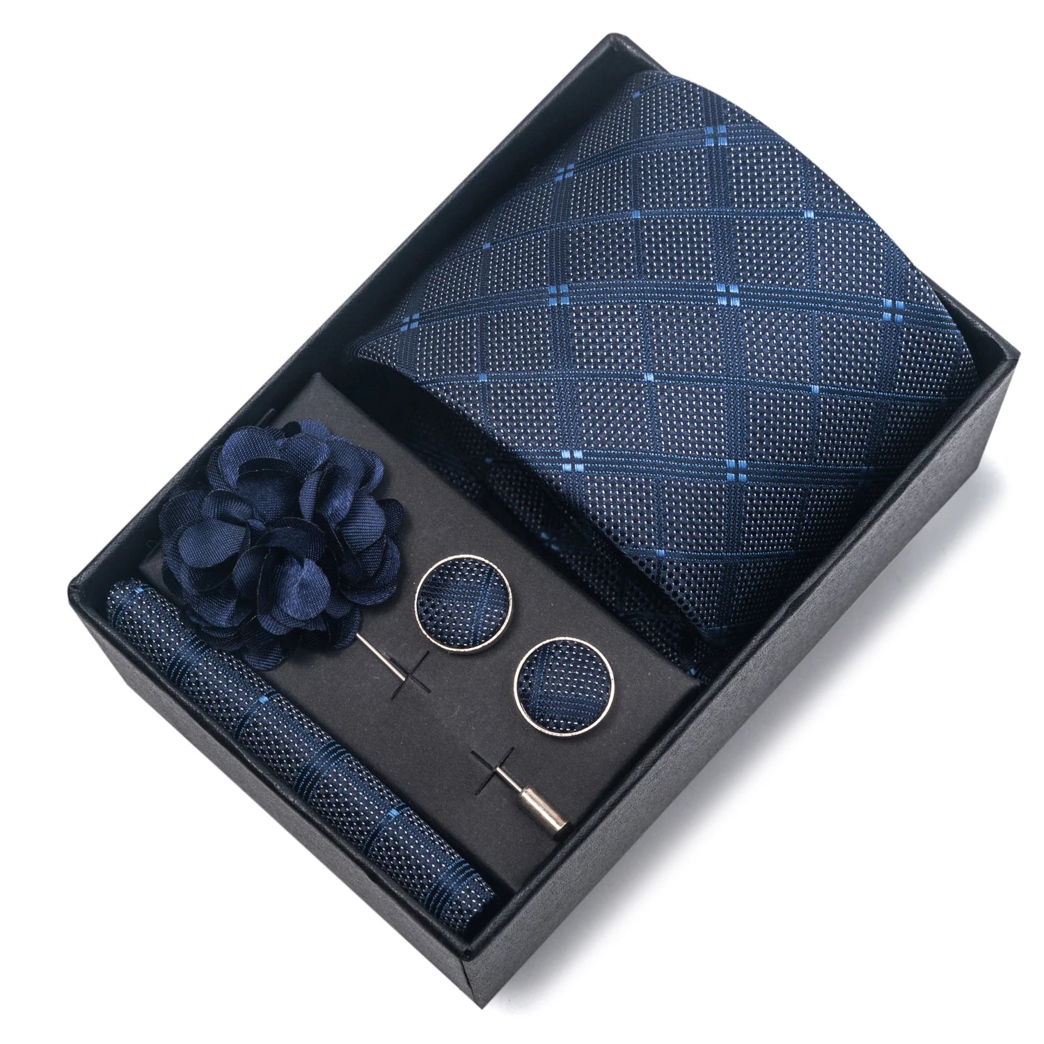 VanGise Red Print Silk Tie Set with Handkerchief and Cufflinks in Gift Box FB269