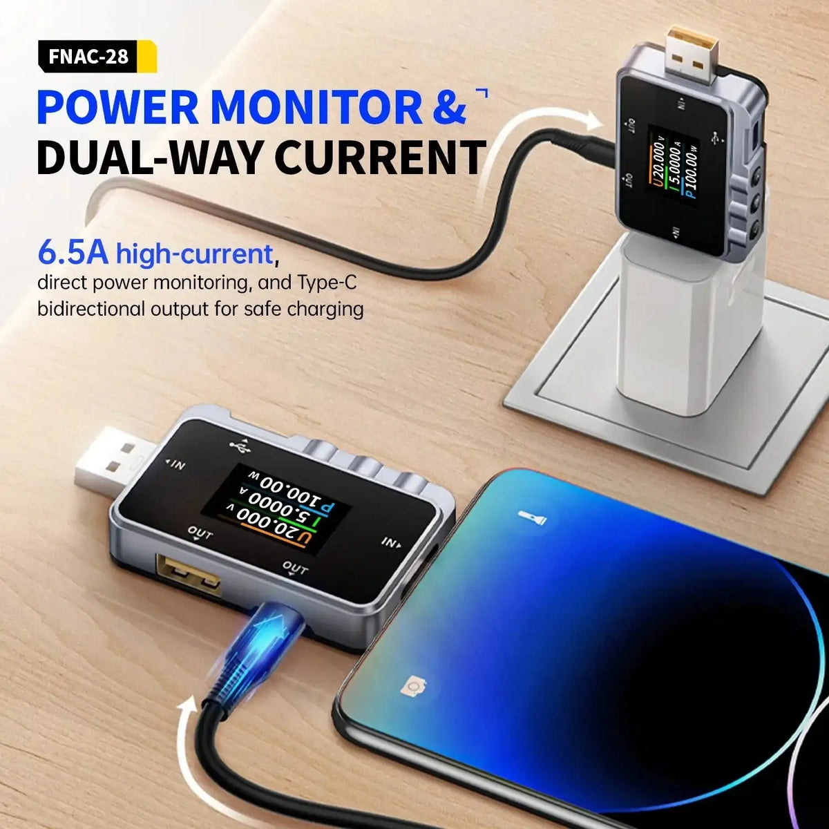 FNIRSI FNAC28 2In1 Type C USB Prober 6.5A Digital Voltmeter