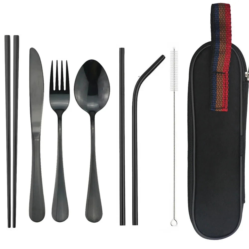Travel Hiking Portable Dinnerware Set &ndash; Eco-Friendly Stainless Steel Cutlery Black Bag Black 1