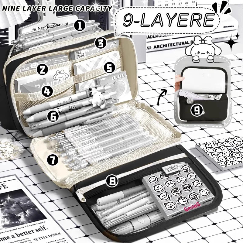Inkpals Black Pencil Case - Large Capacity Kawaii School Organizer