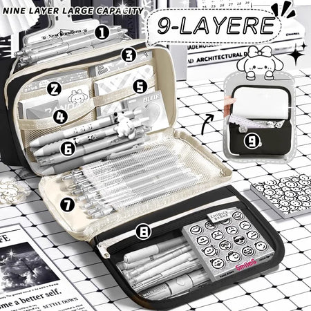 Inkpals Black Pencil Case - Large Capacity Kawaii School Organizer