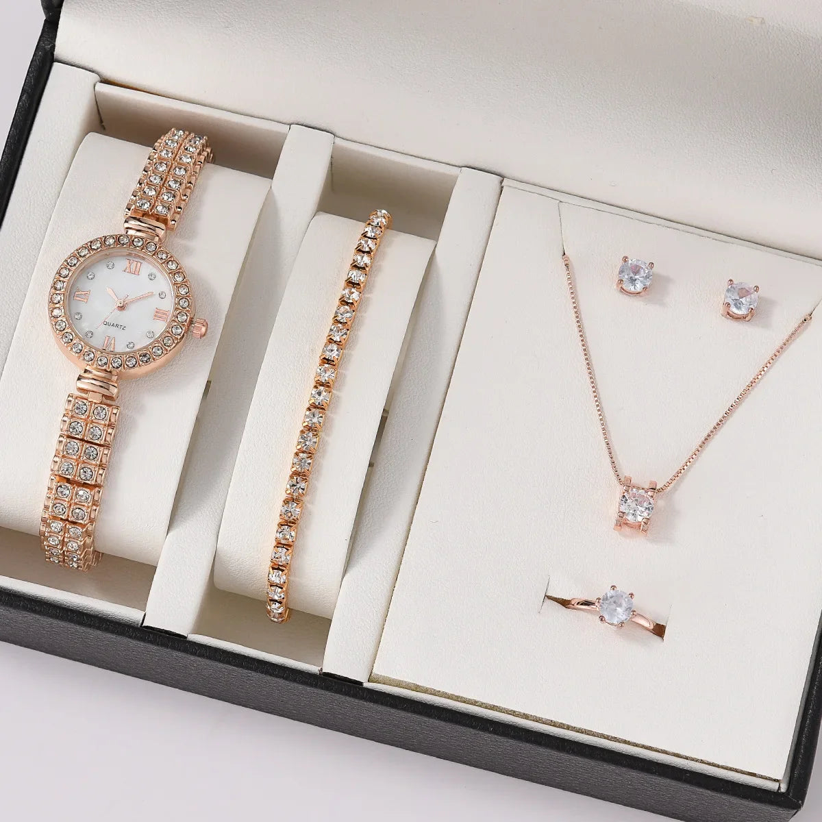 MOONBIFFY Luxury Women&rsquo;s Quartz Watch with Diamond Accents and Matching Jewellery Set MGJ2