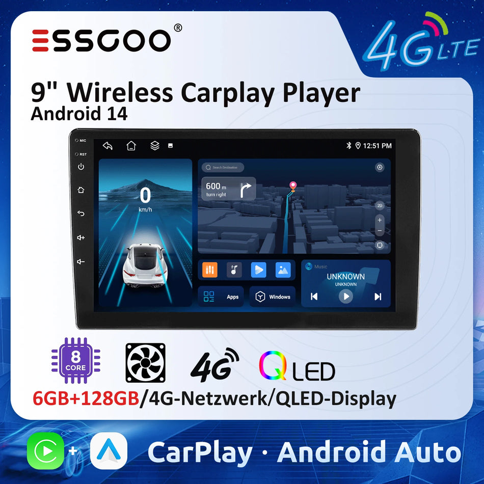 Rádio de Carro Android Universal de 9 Polegadas com CarPlay e Android Auto 6GB 128GB