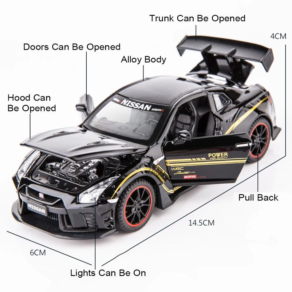 Model de mașină GTR R34/R35 din aliaj turnat, cu uși deschise și mecanism de retragere.