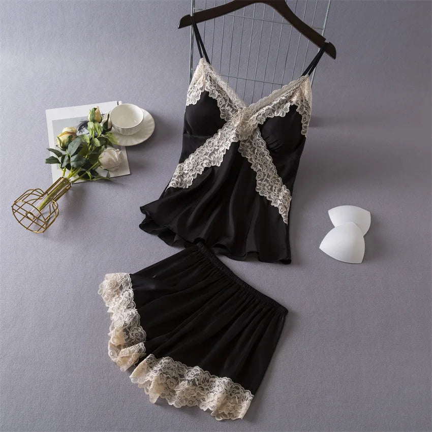 Sexy Lace Lingerie Set for Women - V-Neck, Sleeveless, Summer Wear black / M
