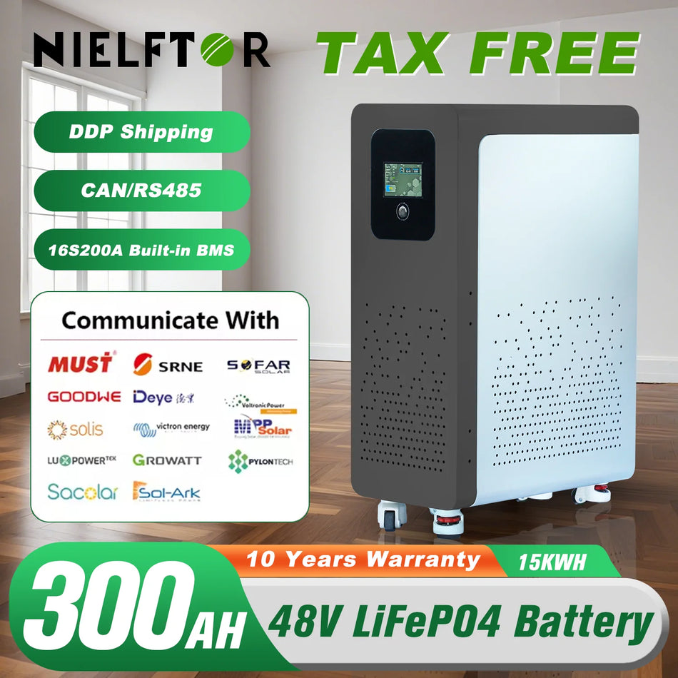 NIELFTOR Pacco Batteria LiFePO4 15KWh 48V 300Ah con BMS 200A Integrato per Accumulo di Energia Solare Off Grid Scorta UE