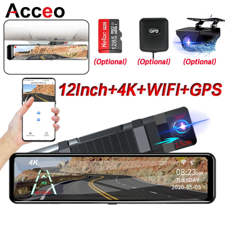 Acceo A45P 4K Dashcam - 12 Inch Mirror DVR With GPS