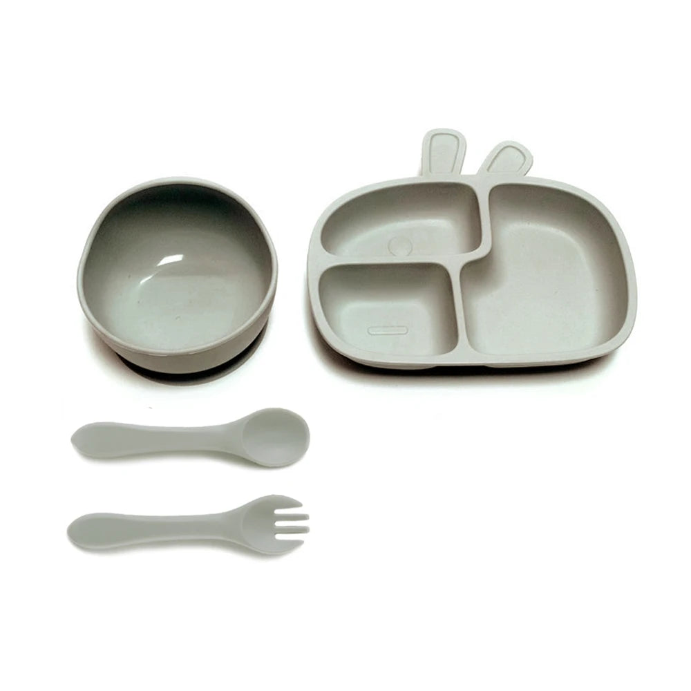 CZSAE 4pcs Baby Plate Set &ndash; Drop-Proof and Scald-Proof Design Silver gray