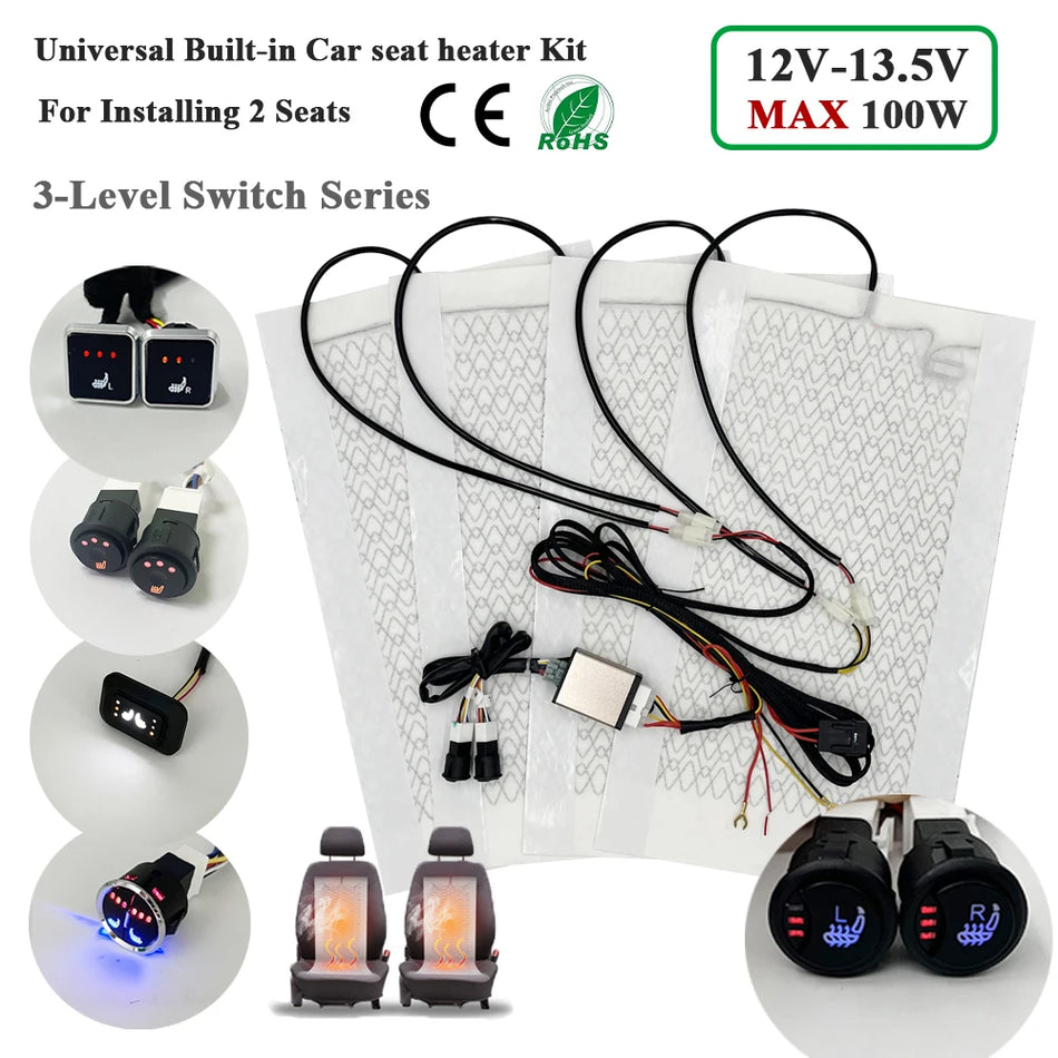 2-Seat Car Seat Heater Kit, 12V 100W Carbon Heating Pads With 3-Level Switch