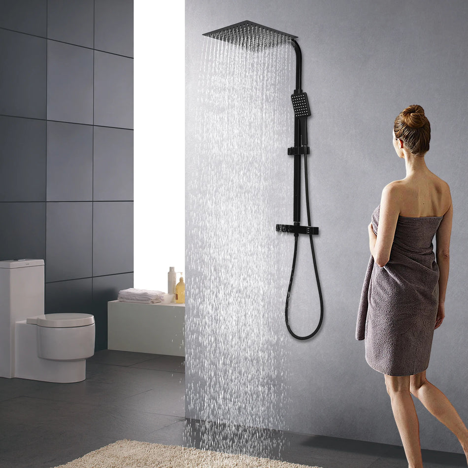 Siyah Termostatik Duş Seti, Çekilebilir Kol ve Yağmur ile