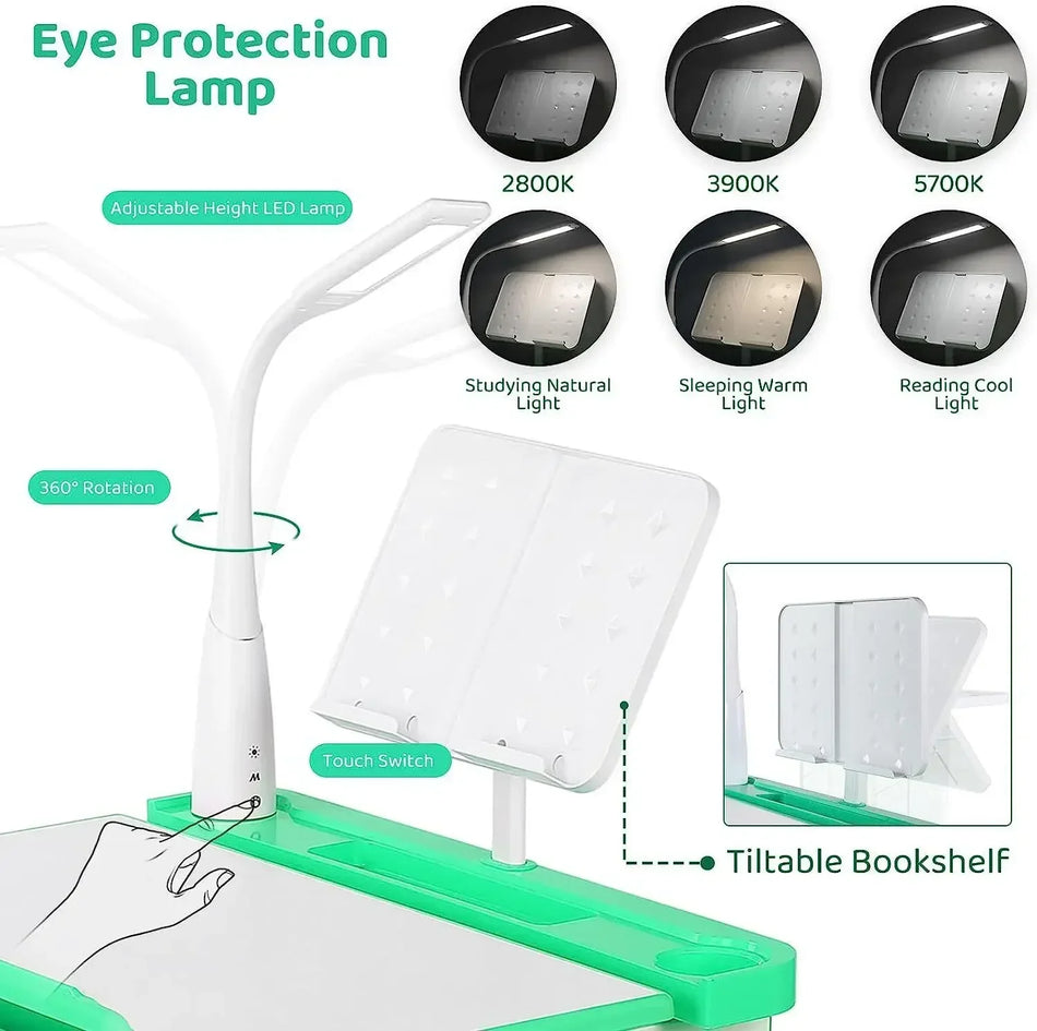 Höj- och sänkbar barnskrivbord med låda och LED-lampa