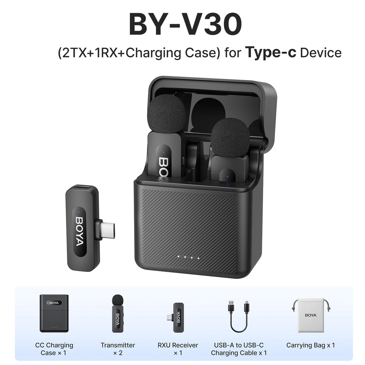BOYA BY-V3 Wireless Lavalier Microphone with Noise-Cancelling for Superior Audio Recording BY-V30--Type-c
