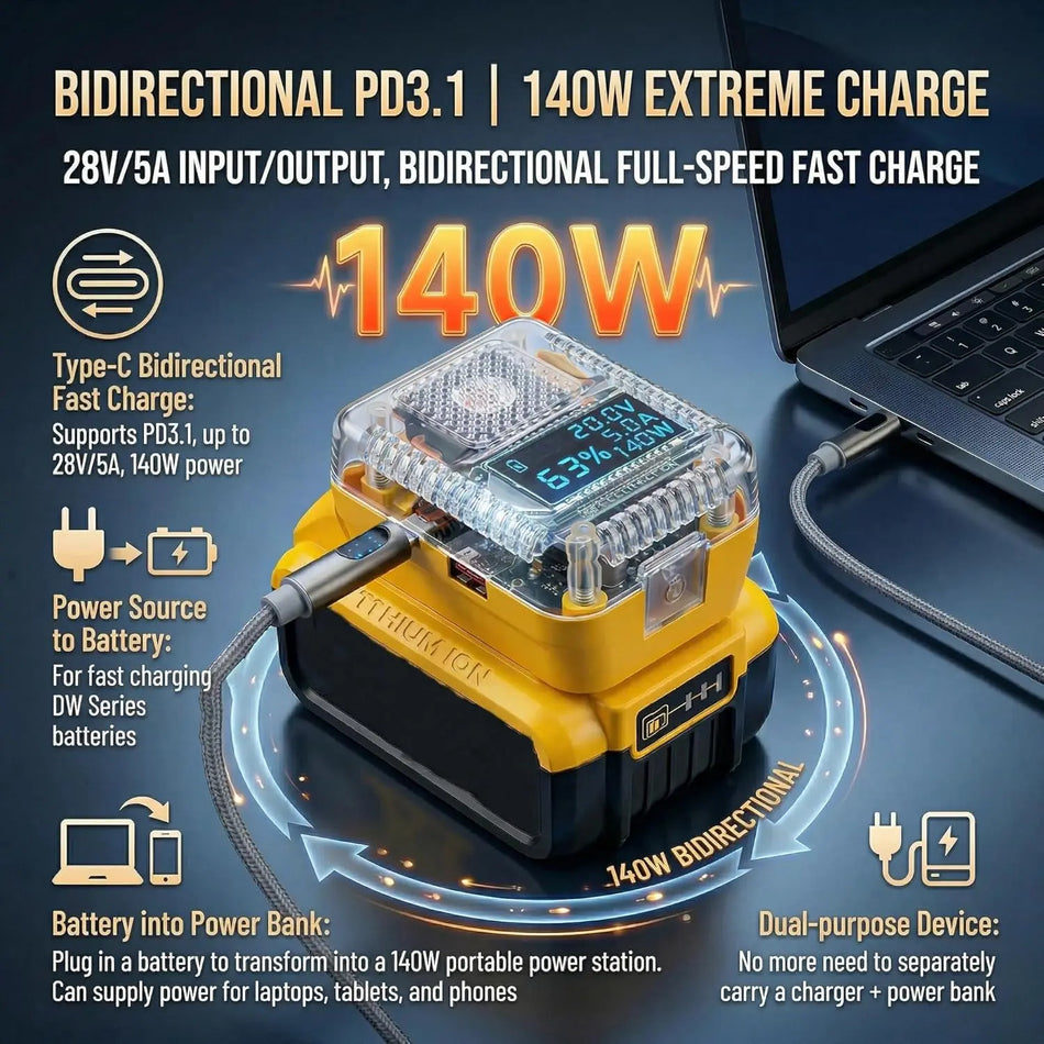 Adaptador de Bateria 140W com Carregamento USB Tipo C e Ecrã LED para Ferramentas