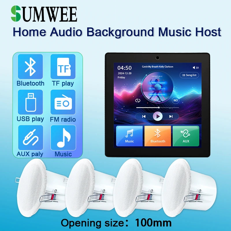 4 Inch Touch Screen In-Wall Bluetooth Power Amplifier with Ceiling Speakers