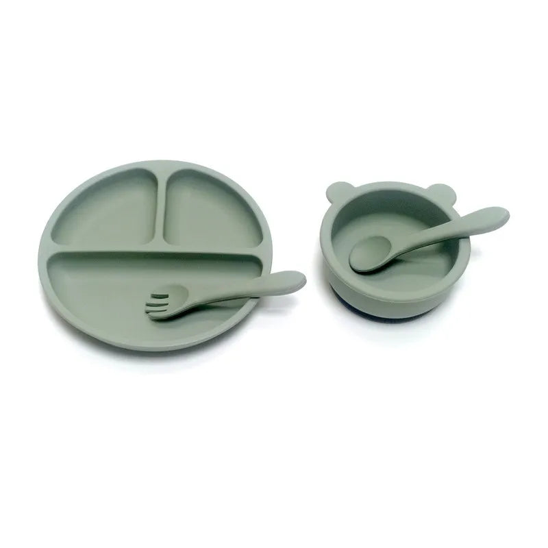 CZSAE 4pcs Silicone Tableware Set &ndash; Safe Suction Cup Design for Children green