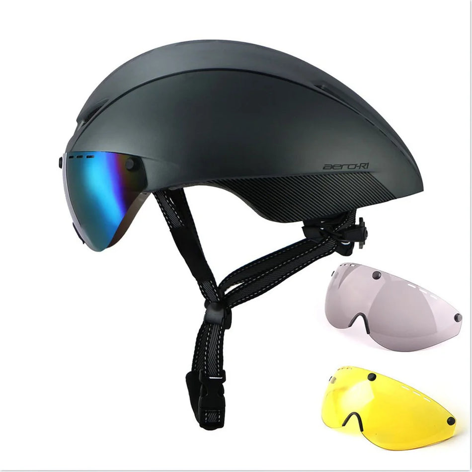 Aero TT Road Bicycle Helmet with Integrated Goggles, In Mold Safety YM-33