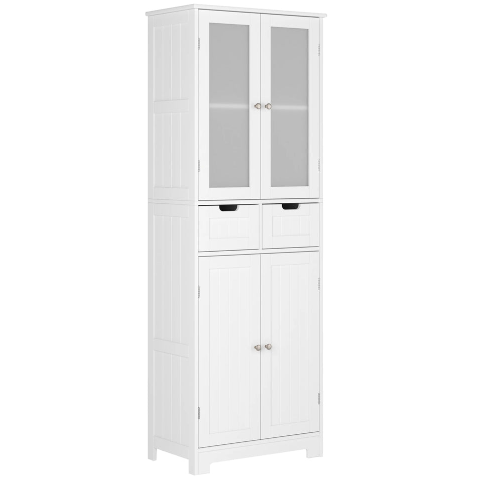 Vit badrumsskåp med 4 dörrar och 2 lådor för hemmet