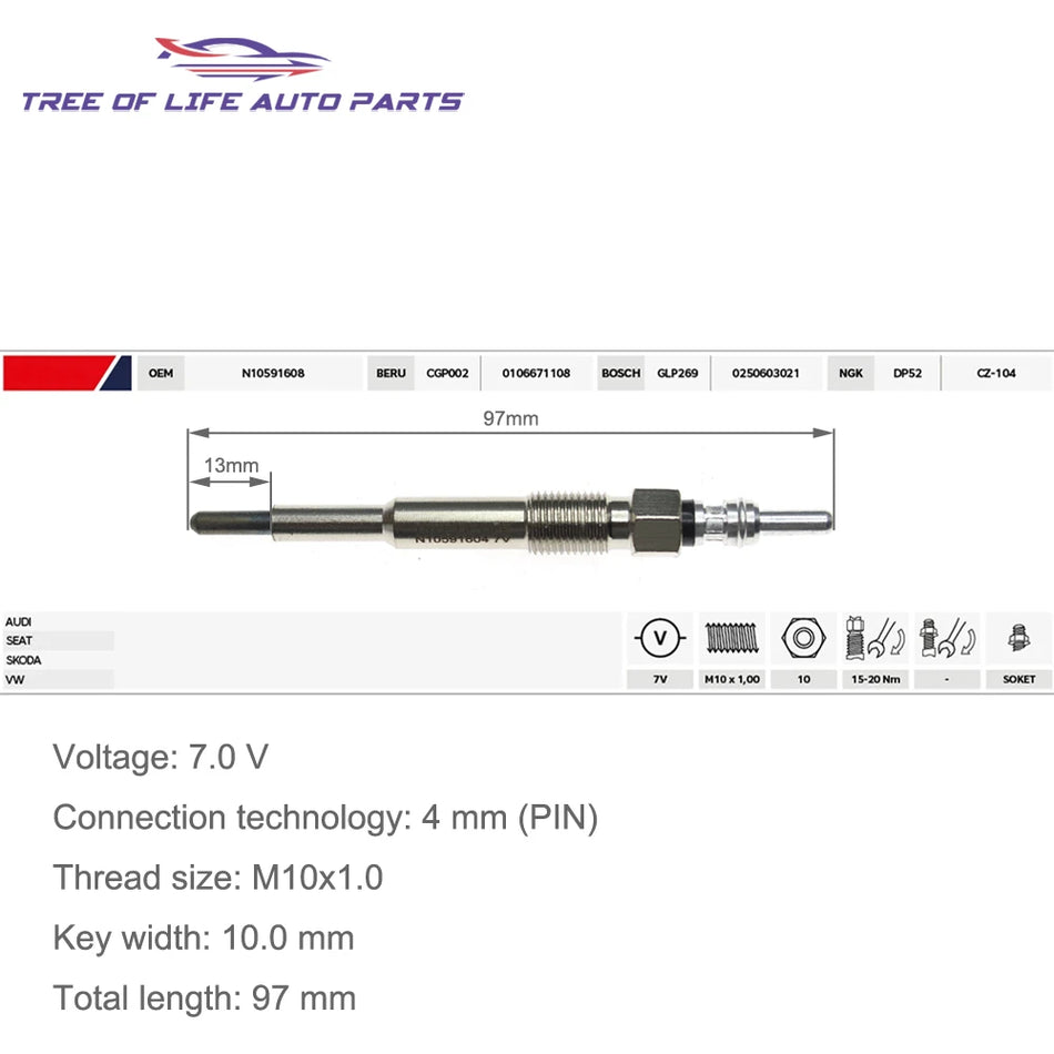 Bougies de préchauffage VW Touareg 7V Dual Core pour 5.0 TDI (2007-2010)