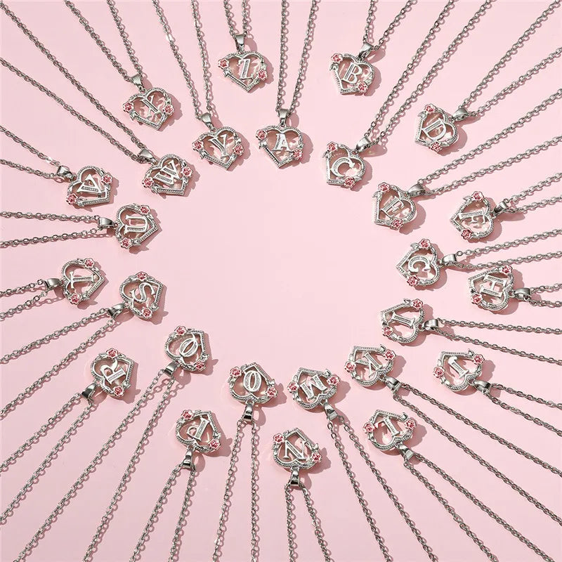 Charming Silver A-Z Letter Flower Pendant Necklace for Women